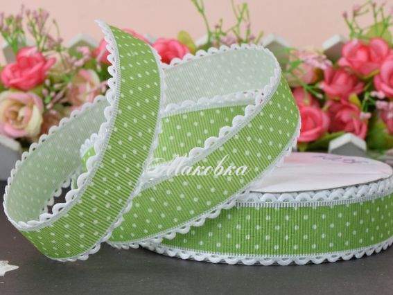 Репсовая лента 25мм №5604 белый горошек с ажурным бордюром, ЗЕЛЁНАЯ 1 метр