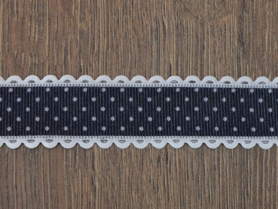 Стрічка №5604 ЧОРНА  з білим горошком ширина 25мм з ажурним бордюром, 1 метр