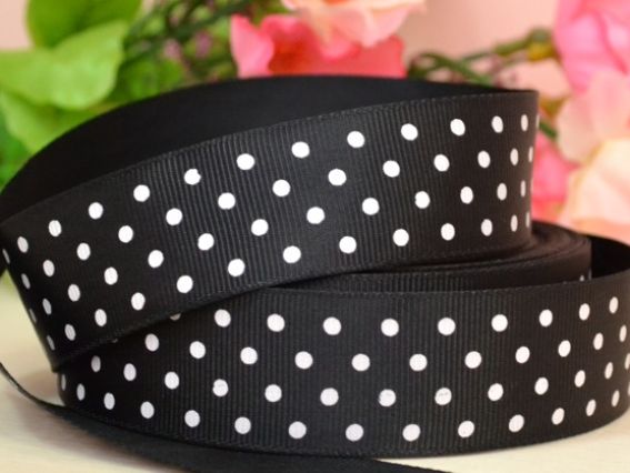 Репсовая лента 25 мм №06 Черная с белым горошком, 1 м Репсовая лента 25 мм №06 Черная с белым горошком, 1 м