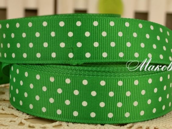 Репсовая лента 25 мм №12 Зеленая с белым горошком, 1 м Репсовая лента 25 мм №12 Зеленая с белым горошком, 1 м