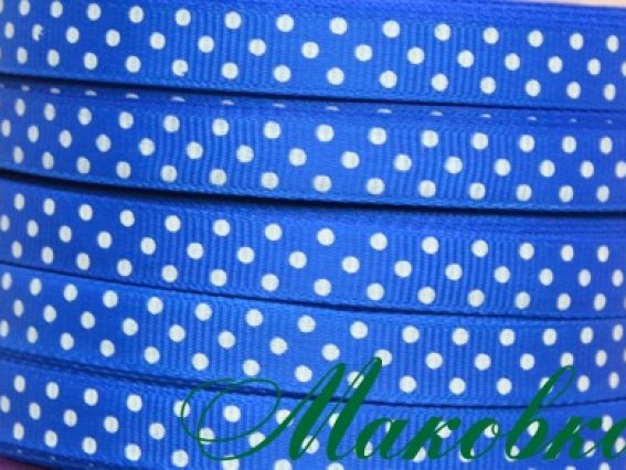 Репсовая лента 9 мм Синяя в белый горошек, 1 бобинка Репсовая лента 9 мм Синяя в белый горошек, 1 бобинка