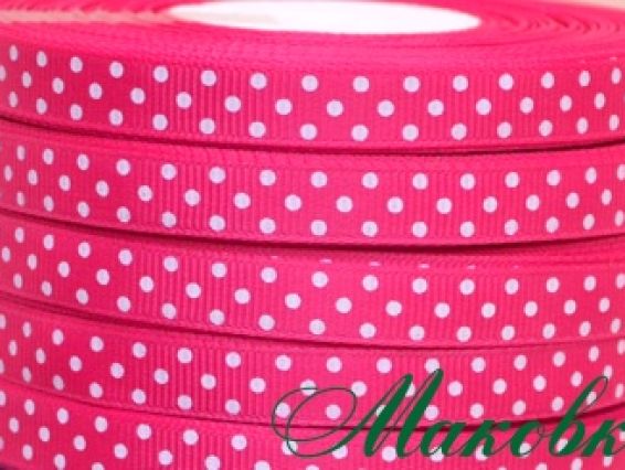 Репсовая лента 9 мм Малиновая в белый горошек, 1 бобинка Репсовая лента 9 мм Малиновая в белый горошек, 1 бобинка
