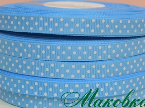 Репсовая лента 9 мм Бирюзовая в белый горошек, 1 бобинка Репсовая лента 9 мм Бирюзовая в белый горошек, 1 бобинка