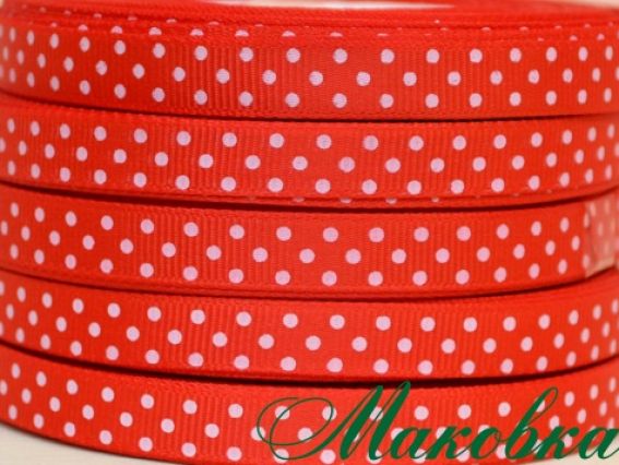 Репсовая лента 9 мм Красная в белый горошек, 1 бобинка Репсовая лента 9 мм Красная в белый горошек, 1 бобинка