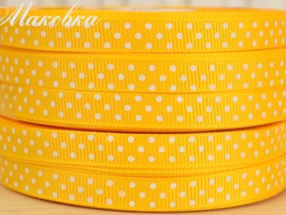 Репсовая лента 9 мм Желтая в белый горошек, 1 бобинка Репсовая лента 9 мм Желтая в белый горошек, 1 бобинка