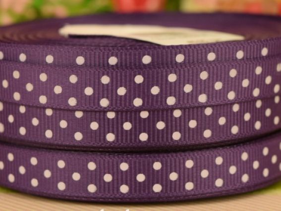 Репсовая лента 9 мм Пурпурная в белый горошек, 1 бобинка Репсовая лента 9 мм Пурпурная в белый горошек, 1 бобинка