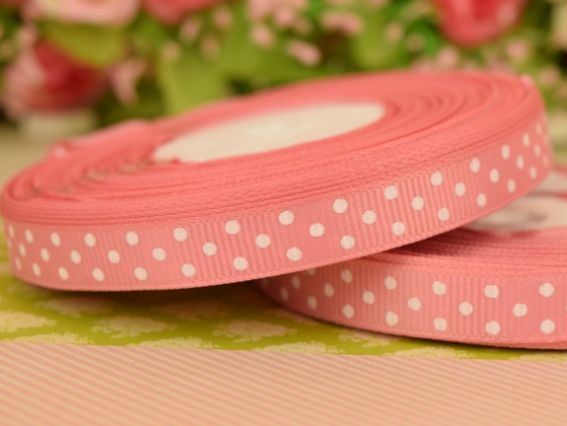 Репсовая лента 9 мм Лососевая в белый горошек, 1 бобинка Репсовая лента 9 мм Лососевая в белый горошек, 1 бобинка