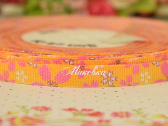Репсовая лента 10 мм №04 Оранжевая с розовыми и белыми полевыми цветами, 1 м