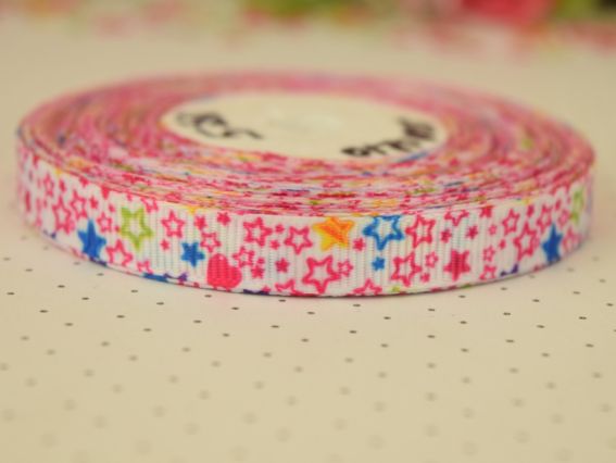 Репсовая лента 10 мм №05 Белая с цветными звездами, 1 м