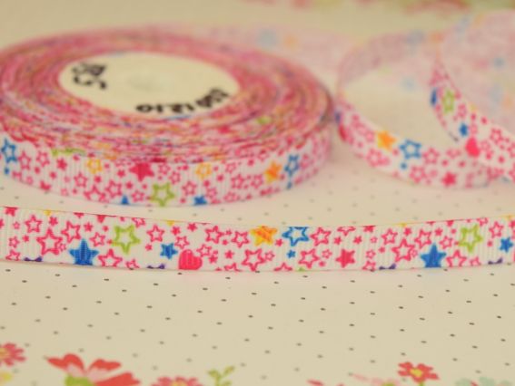 Стрічка репсова з малюнком №05 Біла з кольоровими зірками, ширина 10мм, 1 м