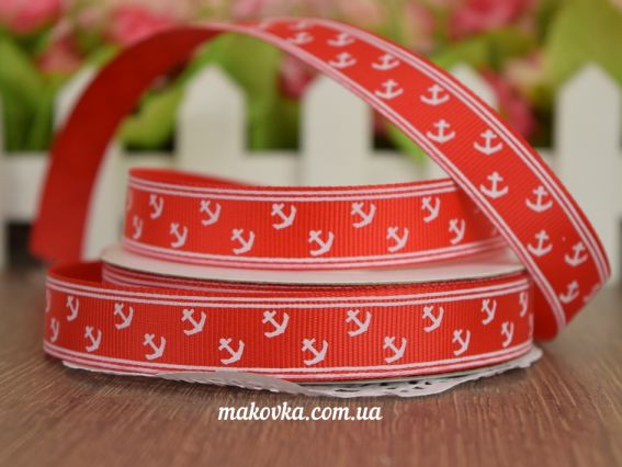 Репсовая лента 15 мм №01 красная Якоря и полоски, 1 м Репсовая лента 15 мм №01 красная Якоря и полоски, 1 м