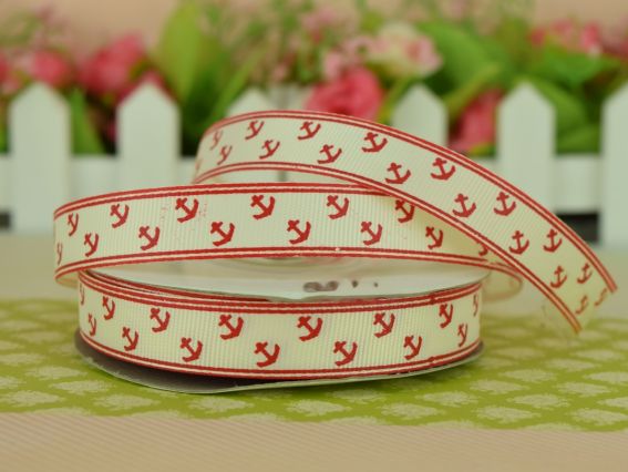 Репсовая лента 15 мм №01 кремовая Якоря и полоски красные, 1 м Репсовая лента 15 мм №01 кремовая Якоря и полоски красные, 1 м