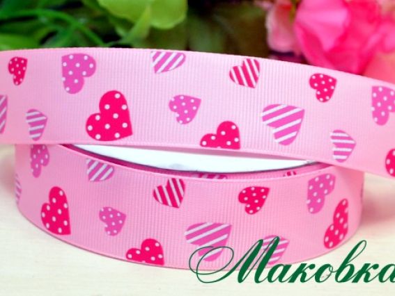 Репсовая лента 25 мм №05 Розовая с сердечками, 1 м Репсовая лента 25 мм №05 Розовая с сердечками, 1 м