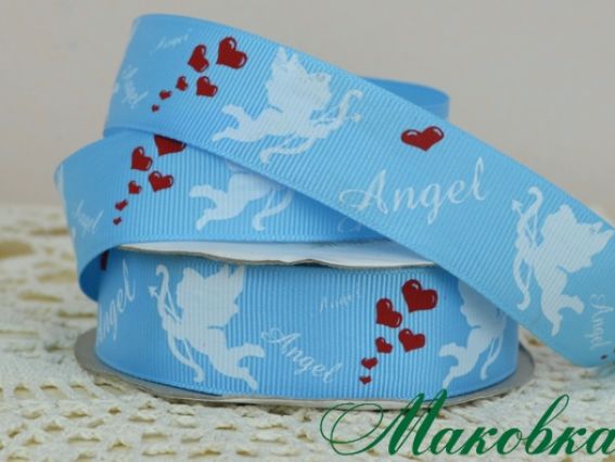 Репсовая лента 25 мм №08 Голубая с ангелочками, 1 м Репсовая лента 25 мм №08 Голубая с ангелочками, 1 м