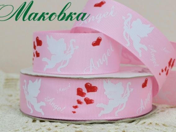 Репсовая лента 25 мм №08 Розовая с ангелочками, 1 м Репсовая лента 25 мм №08 Розовая с ангелочками, 1 м