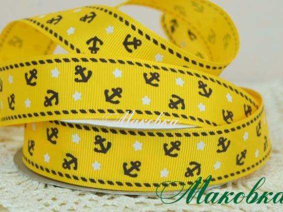 Репсовая лента 25 мм №10 Жёлтая с маленькими якорями, 1 м