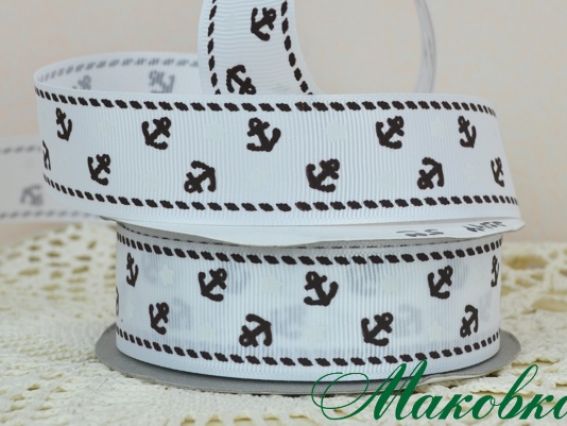Репсовая лента 25 мм №10 Белая с маленькими якорями, 1 м Репсовая лента 25 мм №10 Белая с маленькими якорями, 1 м