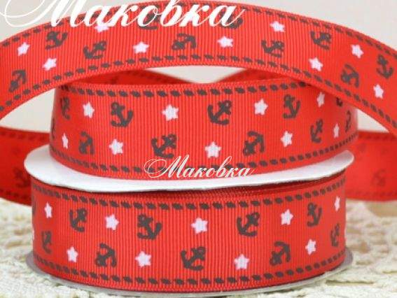 Репсовая лента 25 мм №10 Красная с маленькими якорями, 1 м