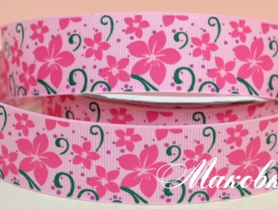 Репсовая лента 25 мм №01 Розовая с малиновыми цветами, 1 м Репсовая лента 25 мм №01 Розовая с малиновыми цветами, 1 м