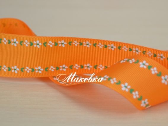 Репсовая лента 25 мм №12 Оранжевая с каймой из цветочков, 1 м Репсовая лента 25 мм №12 Оранжевая с каймой из цветочков, 1 м