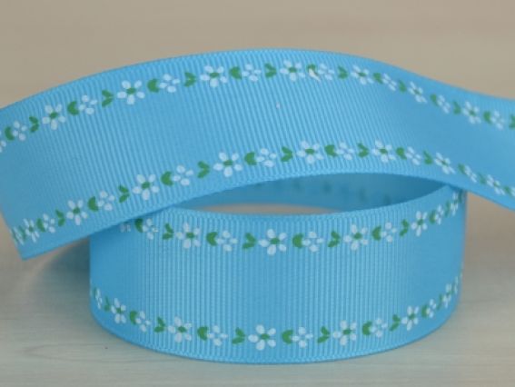 Репсовая лента 25 мм №12 Голубая с каймой из цветочков, 1 м Репсовая лента 25 мм №12 Голубая с каймой из цветочков, 1 м