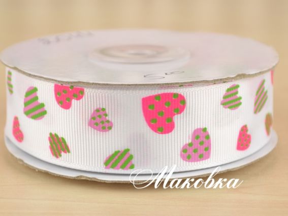 Репсовая лента 25 мм №05 Белая с сердечками, 1 м Репсовая лента 25 мм №05 Белая с сердечками, 1 м