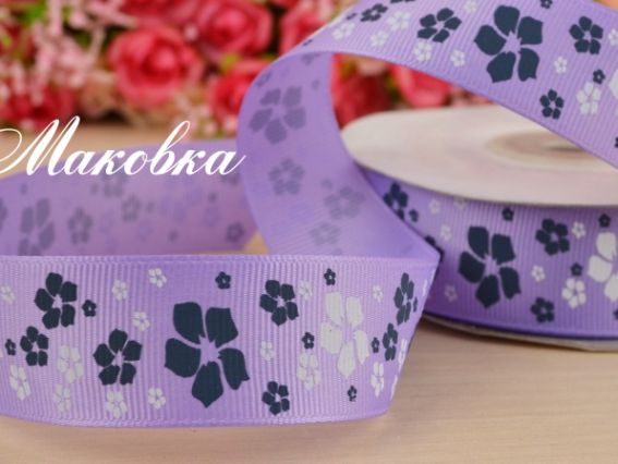 Репсовая лента 25 мм №11 Сиреневая с темными и светлыми цветами 1 м Репсовая лента 25 мм №11 Сиреневая с темными и светлыми цветами 1 м