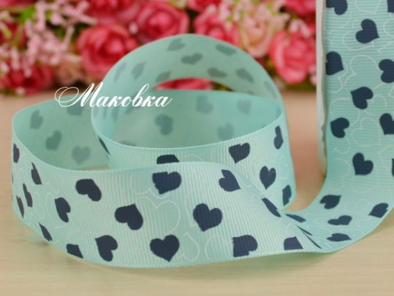 Репсовая лента 25 мм №14 Голубая с темно-синими сердечками, 1 м Репсовая лента 25 мм №14 Голубая с темно-синими сердечками, 1 м