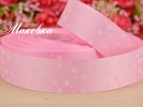Репсовая лента 25 мм №03 Розовая с мелкими цветочками, 1 м Репсовая лента 25 мм №03 Розовая с мелкими цветочками, 1 м