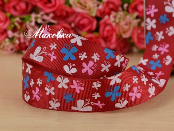 Репсовая лента 25 мм №04 Бордовая с бабочками, 1 м Репсовая лента 25 мм №04 Бордовая с бабочками, 1 м