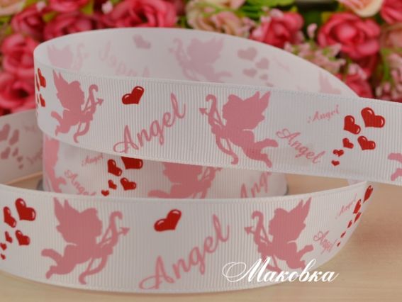 Репсовая лента 25 мм №08 Белая с розовыми ангелочками, 1 м Репсовая лента 25 мм №08 Белая с розовыми ангелочками, 1 м