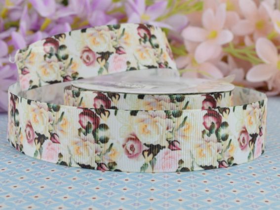 Жовто-бордові троянди репсова стрічка з квітами,  25 мм 1 метр