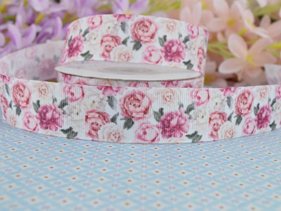 Молочно-розовые пионы Репсовая лента 25 мм с рисунком , 1 метр