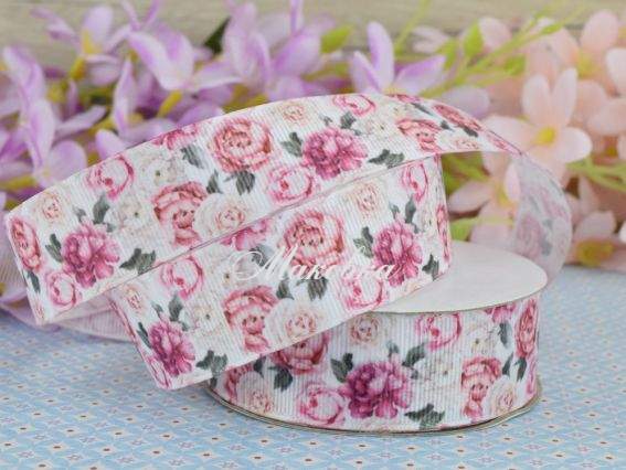 Репсовая лента 25 мм с рисунком Молочно-розовые пионы, 1 метр
