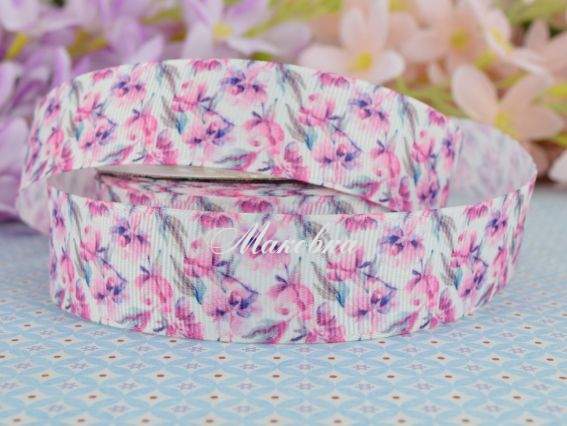 Репсовая лента 25 мм с рисунком Сине-розовые цветочки, 1 метр