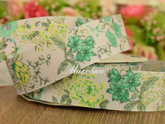 Репсовая лента 25 мм №99 с рисунком Полевые цветы, белая с салатовым 1 метр