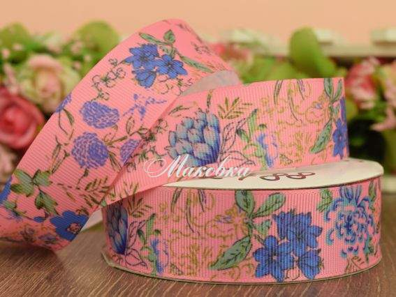 Репсовая лента 25 мм №99 с рисунком Полевые цветы, розовая с синим 1 метр