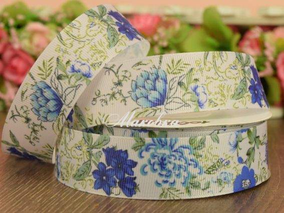 Репсова стрічка 25 мм №99 з малюнком Польові квіти, біла з синім 1 метр Репсова стрічка 25 мм №99 з малюнком Польові квіти, біла з синім 1 метр