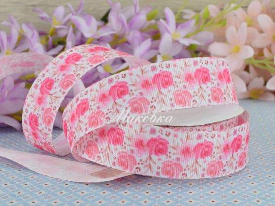 Репсовая лента 25 мм с рисунком Розовые розы, 1 метр