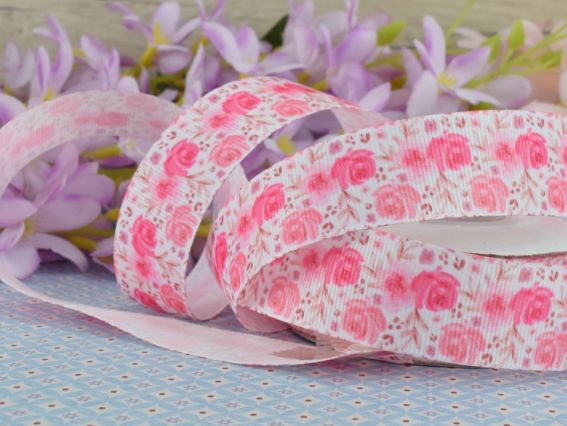 Рожеві троянди Репсова стрічка 25 мм з малюнком, 1 метр