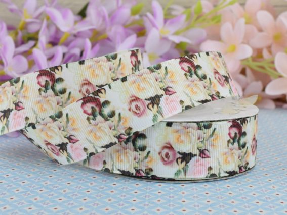 Репсовая лента с рисунком Желто-бордовые розы, 25 мм 1 метр