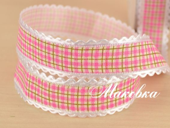 Репсовая лента 25 мм Клеточка розово-желтая, с ажурным бордюром, 1 м коралловая Репсовая лента 25 мм Клеточка розово-желтая, с ажурным бордюром, 1 м коралловая