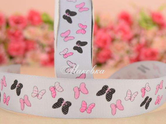 Репсовая лента 25 мм №19 Белая с черными и розовыми бабочками, 1 м