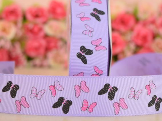 Репсовая лента 25 мм №19 Сиреневая с черными и розовыми бабочками, 1 м Репсовая лента 25 мм №19 Сиреневая с черными и розовыми бабочками, 1 м