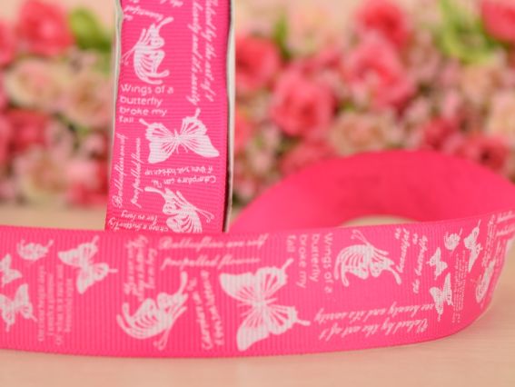 Репсовая лента 25 мм №18 Малиновая с надписями и бабочками Репсовая лента 25 мм №18 Малиновая с надписями и бабочками