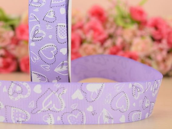 Репсовая лента 25 мм №20 Сиреневая с большими сердечкамии, 1 м Репсовая лента 25 мм №20 Сиреневая с большими сердечкамии, 1 м