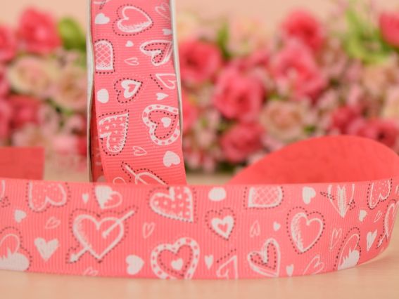 Репсовая лента 25 мм №20 Коралловая с большими сердечками, 1 м Репсовая лента 25 мм №20 Коралловая с большими сердечками, 1 м