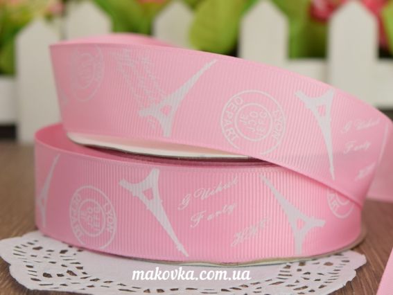 Репсовая лента 25 мм №21 Розовая с почтовыми штампами, 1 м Репсовая лента 25 мм №21 Розовая с почтовыми штампами, 1 м