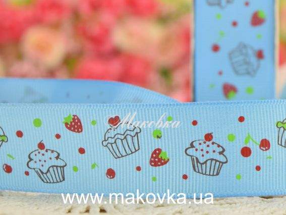 Репсовая лента 25 мм №23 Кексики и клубнички голубая, 1 м