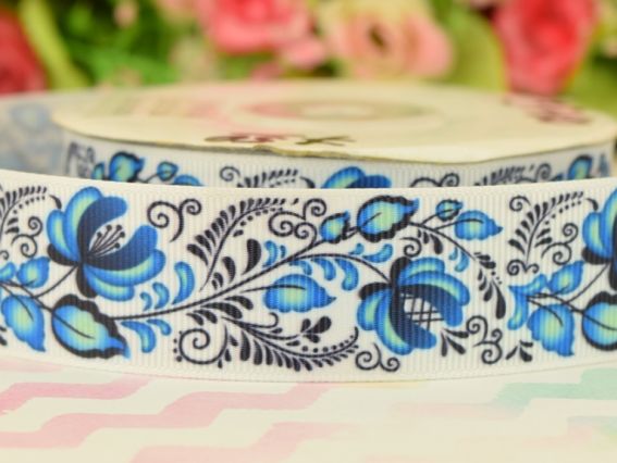 Репсовая лента серия №56 Орнаменты, 25 мм с рисунком Петрекивка, синяя , 1 метр Репсовая лента серия №56 Орнаменты, 25 мм с рисунком Петрекивка, синяя , 1 метр